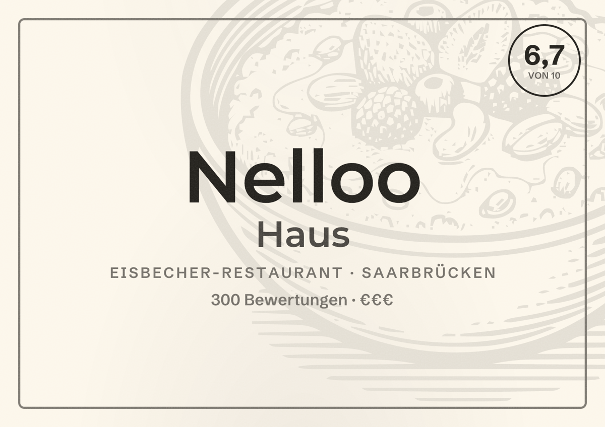 Illustriertes Poster von Nelloo Haus, Eisbecher-Restaurant in Saarbrücken: Bewertung 6,7 von 10 aus 300 Bewertungen, Preisniveau €€€