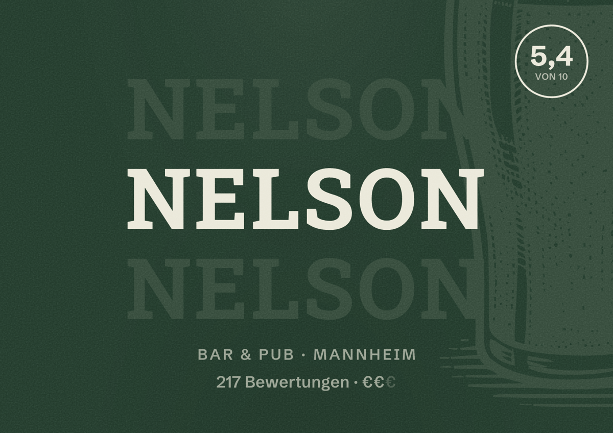 Illustriertes Poster von Nelson, Bar & Pub in Mannheim: Bewertung 5,4 von 10 aus 217 Bewertungen, Preisniveau €€