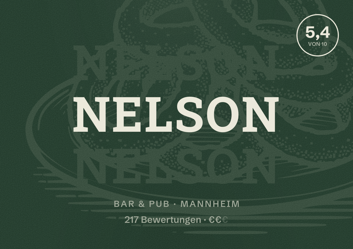 Illustriertes Poster von Nelson, Bar & Pub in Mannheim: Bewertung 5,4 von 10 aus 217 Bewertungen, Preisniveau €€
