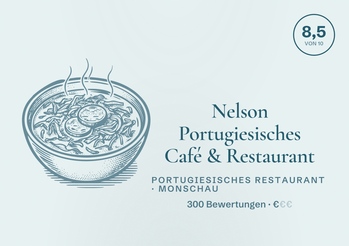 Illustriertes Poster von Nelson Portugiesisches Café & Restaurant, Portugiesisches Restaurant in Monschau: Bewertung 8,5 von 10 aus 300 Bewertungen, Preisniveau €