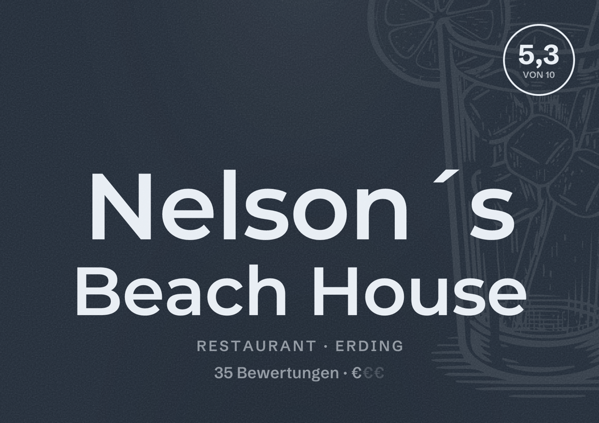 Illustriertes Poster von Nelson´s Beach House, Restaurant in Erding: Bewertung 5,3 von 10 aus 35 Bewertungen, Preisniveau €