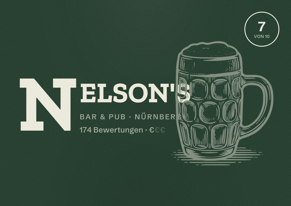 Illustriertes Poster von NELSON'S, Bar & Pub in Nürnberg: Bewertung 7 von 10 aus 174 Bewertungen, Preisniveau €
