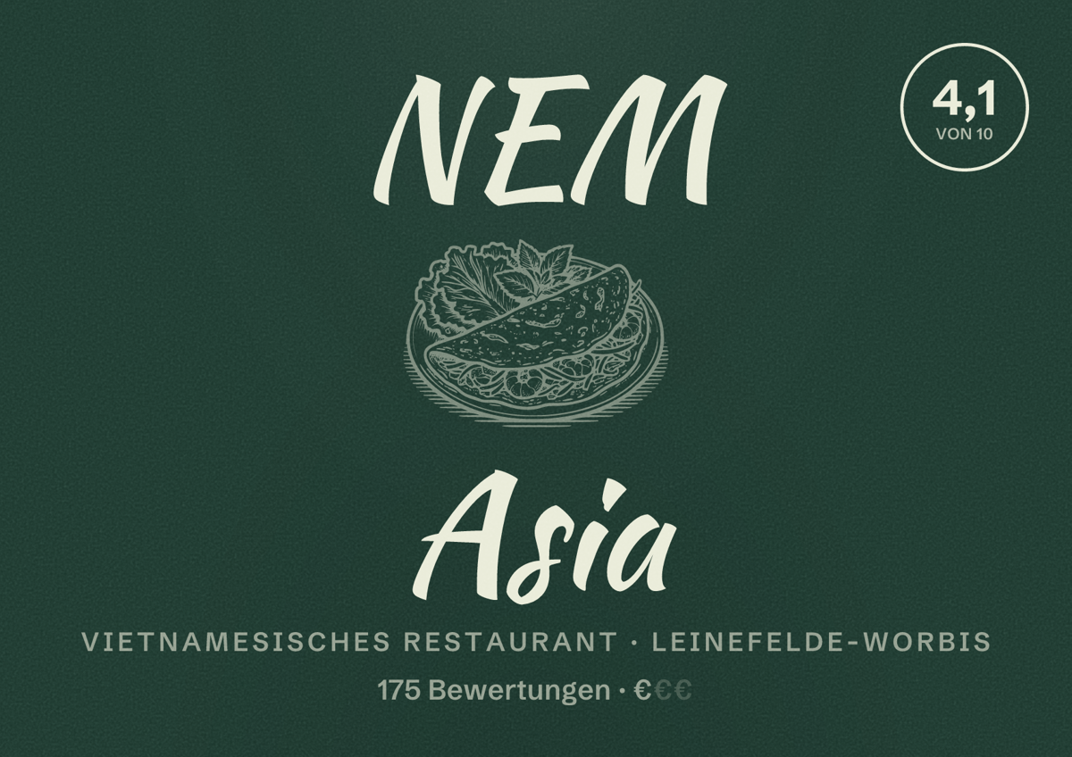 Illustriertes Poster von NEM Asia, Vietnamesisches Restaurant in Leinefelde-Worbis: Bewertung 4,1 von 10 aus 175 Bewertungen, Preisniveau €