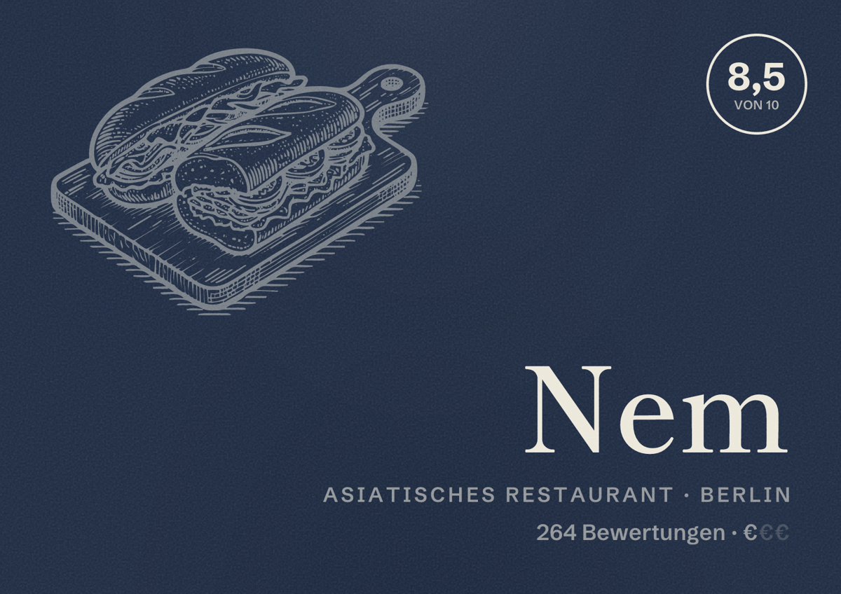 Illustriertes Poster von Nem, Asiatisches Restaurant in Berlin: Bewertung 8,5 von 10 aus 264 Bewertungen, Preisniveau €