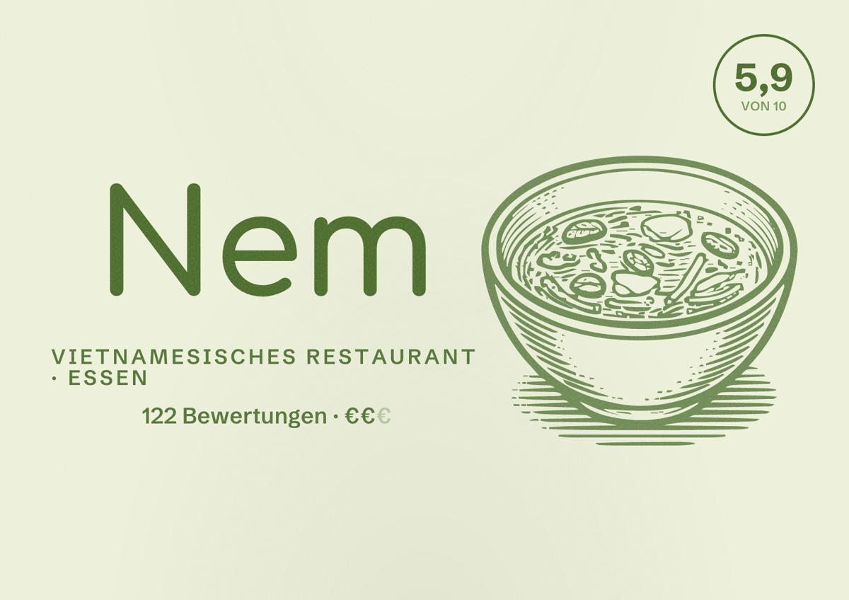 Illustriertes Poster von Nem, Vietnamesisches Restaurant in Essen: Bewertung 5,9 von 10 aus 122 Bewertungen, Preisniveau €€