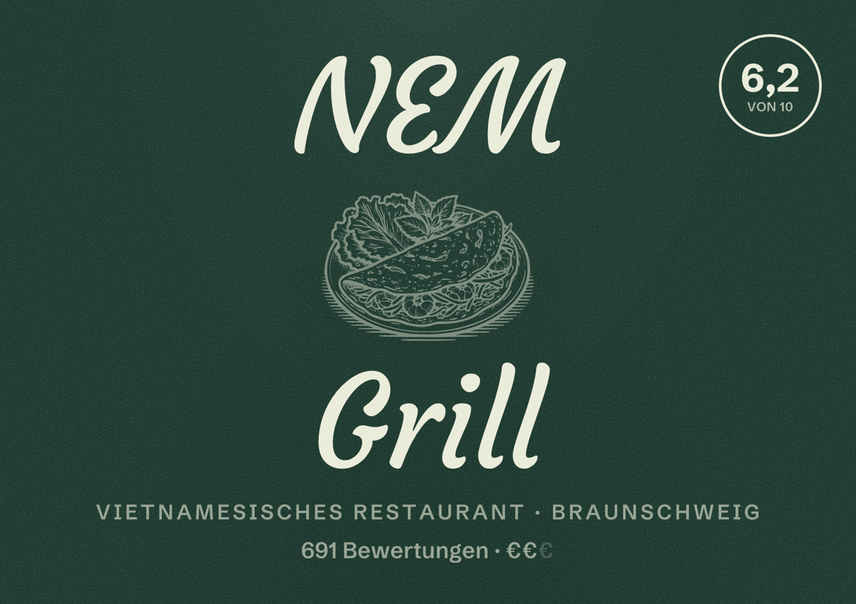 Illustriertes Poster von NEM Grill, Vietnamesisches Restaurant in Braunschweig: Bewertung 6,2 von 10 aus 691 Bewertungen, Preisniveau €€