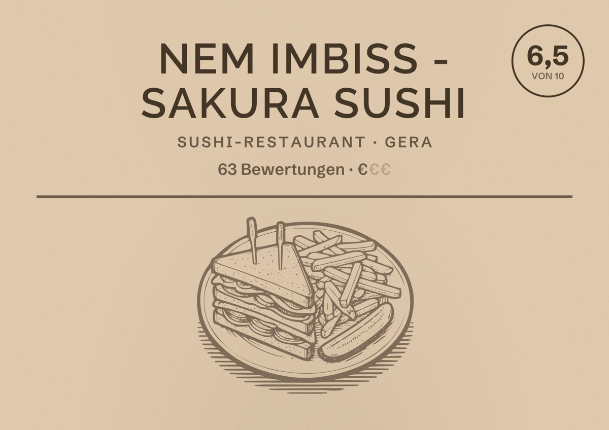 Illustriertes Poster von Nem Imbiss - Sakura Sushi, Sushi-Restaurant in Gera: Bewertung 6,5 von 10 aus 63 Bewertungen, Preisniveau €