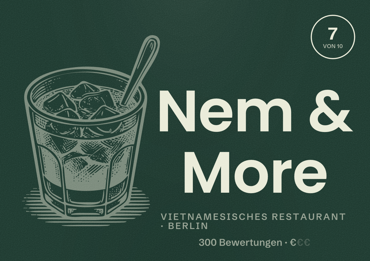 Illustriertes Poster von Nem & More, Vietnamesisches Restaurant in Berlin: Bewertung 7 von 10 aus 300 Bewertungen, Preisniveau €