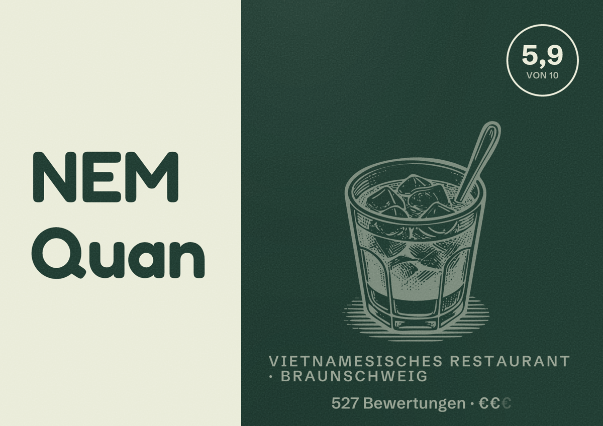 Illustriertes Poster von NEM Quan, Vietnamesisches Restaurant in Braunschweig: Bewertung 5,9 von 10 aus 527 Bewertungen, Preisniveau €€