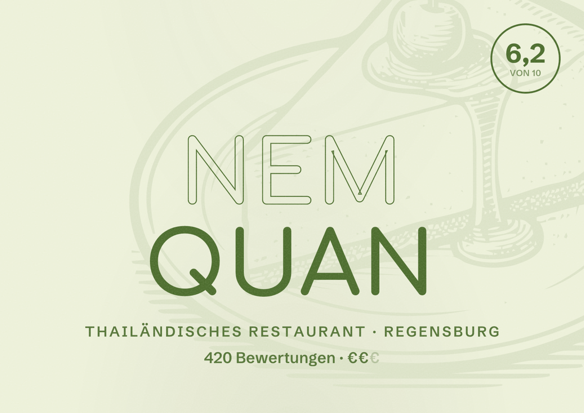 Illustriertes Poster von Nem Quan, Thailändisches Restaurant in Regensburg: Bewertung 6,2 von 10 aus 420 Bewertungen, Preisniveau €€