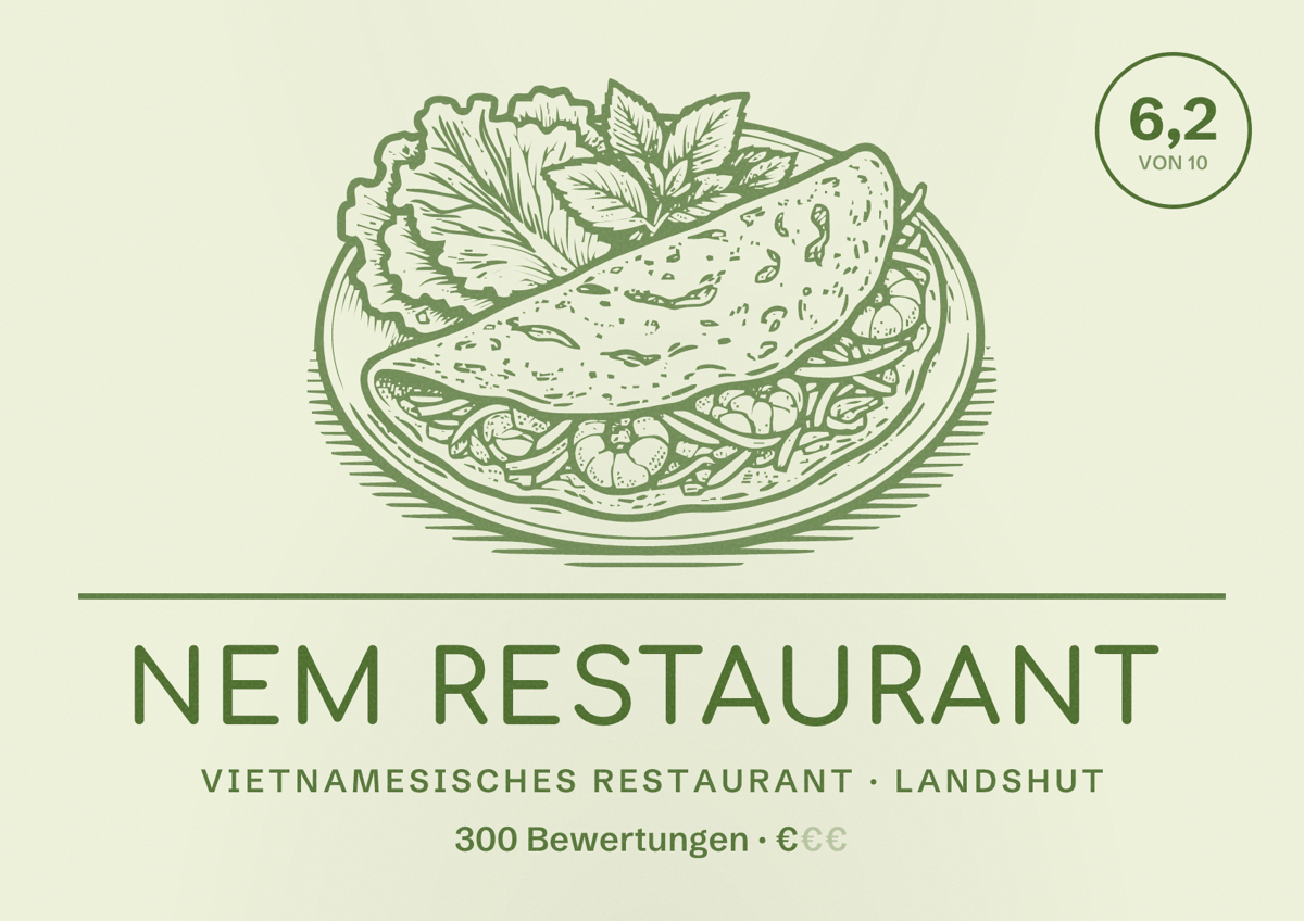 Illustriertes Poster von Nem Restaurant, Vietnamesisches Restaurant in Landshut: Bewertung 6,2 von 10 aus 300 Bewertungen, Preisniveau €