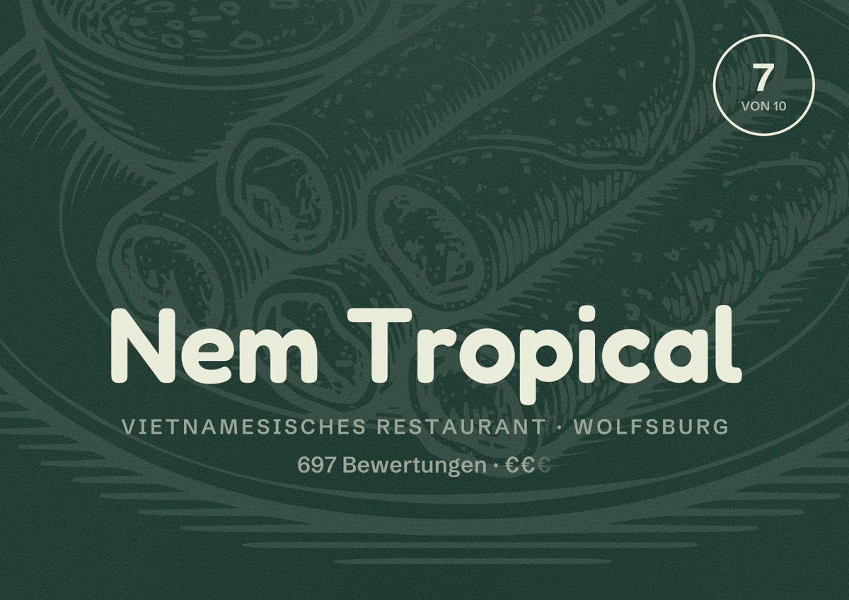 Illustriertes Poster von Nem Tropical, Vietnamesisches Restaurant in Wolfsburg: Bewertung 7 von 10 aus 697 Bewertungen, Preisniveau €€