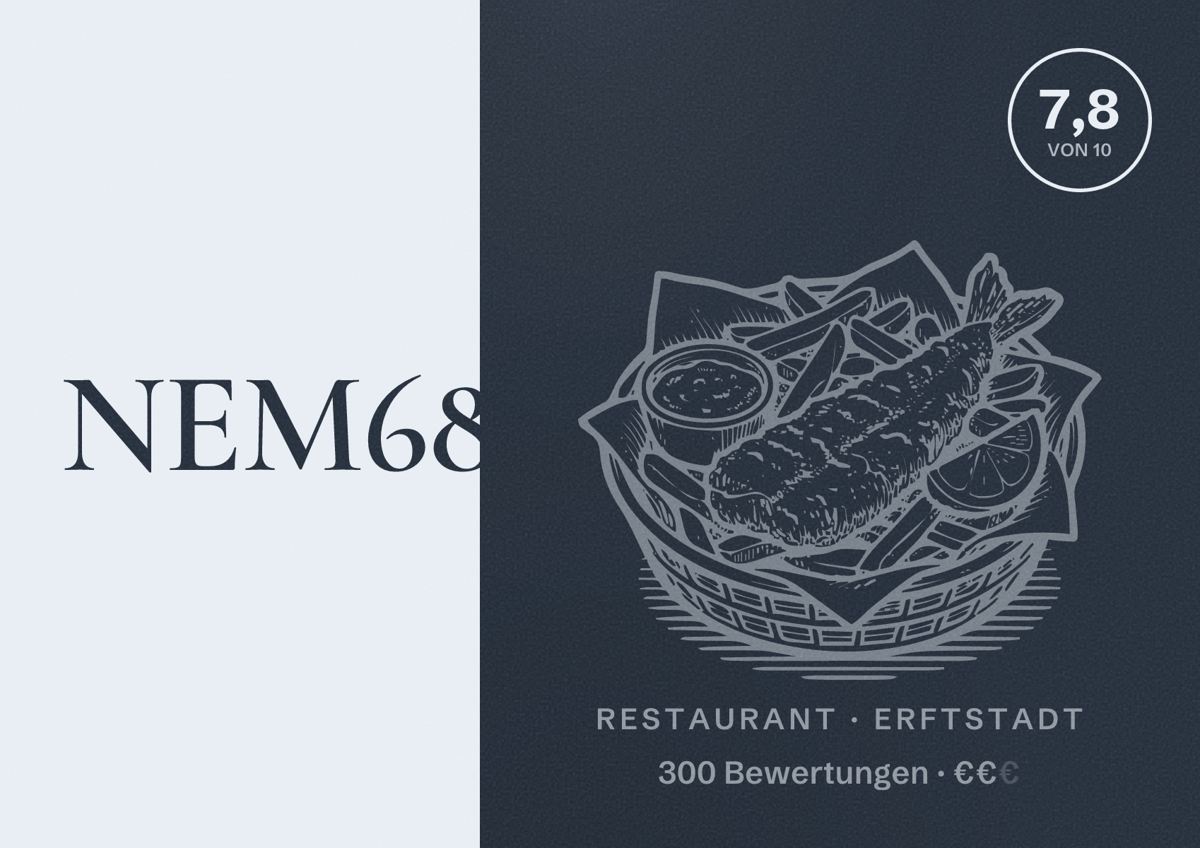 Illustriertes Poster von NEM68, Restaurant in Erftstadt: Bewertung 7,8 von 10 aus 300 Bewertungen, Preisniveau €€
