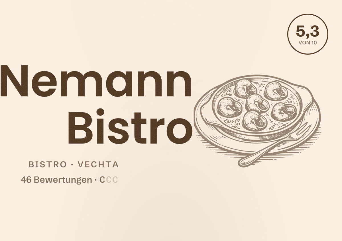 Illustriertes Poster von Nemann Bistro, Bistro in Vechta: Bewertung 5,3 von 10 aus 46 Bewertungen, Preisniveau €
