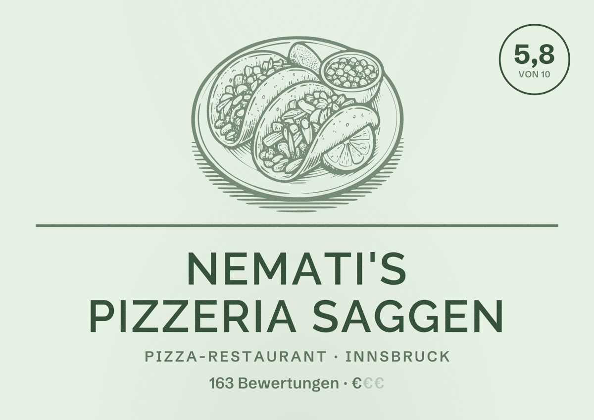 Illustriertes Poster von Nemati's Pizzeria Saggen, Pizza-Restaurant in Innsbruck: Bewertung 5,8 von 10 aus 163 Bewertungen, Preisniveau €