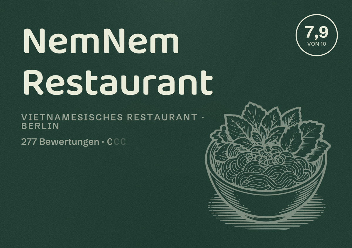 Illustriertes Poster von NemNem Restaurant, Vietnamesisches Restaurant in Berlin: Bewertung 7,9 von 10 aus 277 Bewertungen, Preisniveau €