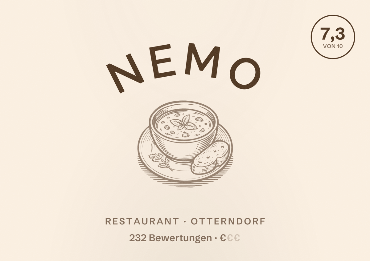 Illustriertes Poster von Nemo, Restaurant in Otterndorf: Bewertung 7,3 von 10 aus 232 Bewertungen, Preisniveau €