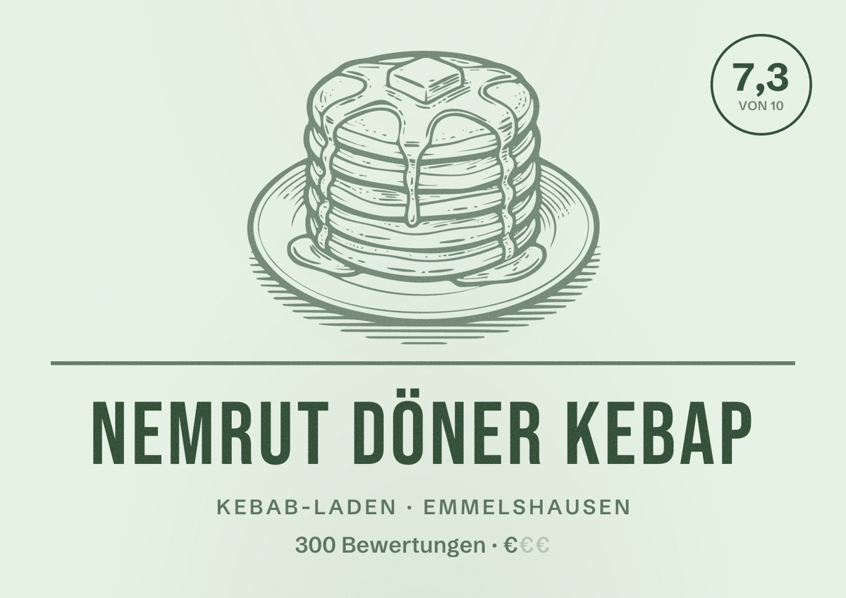 Illustriertes Poster von Nemrut Döner Kebap, Kebab-Laden in Emmelshausen: Bewertung 7,3 von 10 aus 300 Bewertungen, Preisniveau €