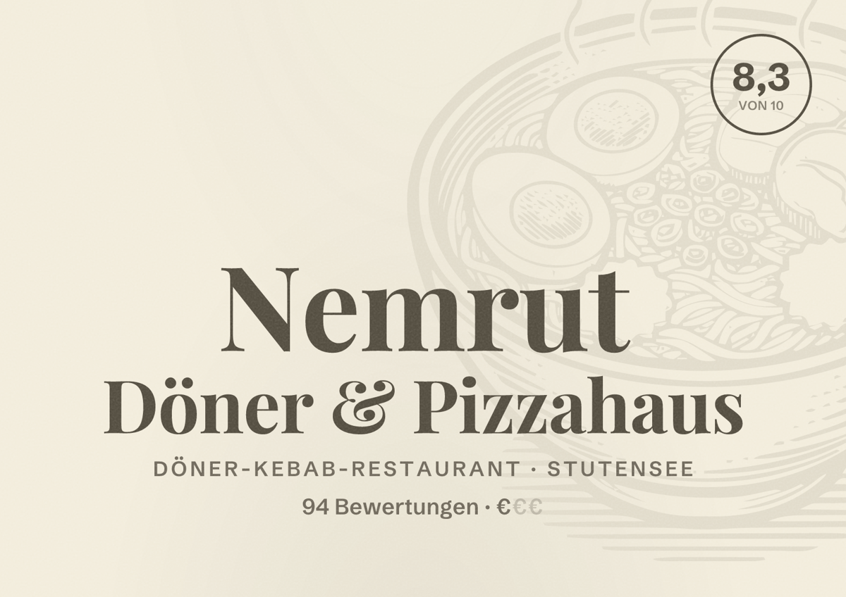Illustriertes Poster von Nemrut Döner & Pizzahaus, Döner-Kebab-Restaurant in Stutensee: Bewertung 8,3 von 10 aus 94 Bewertungen, Preisniveau €