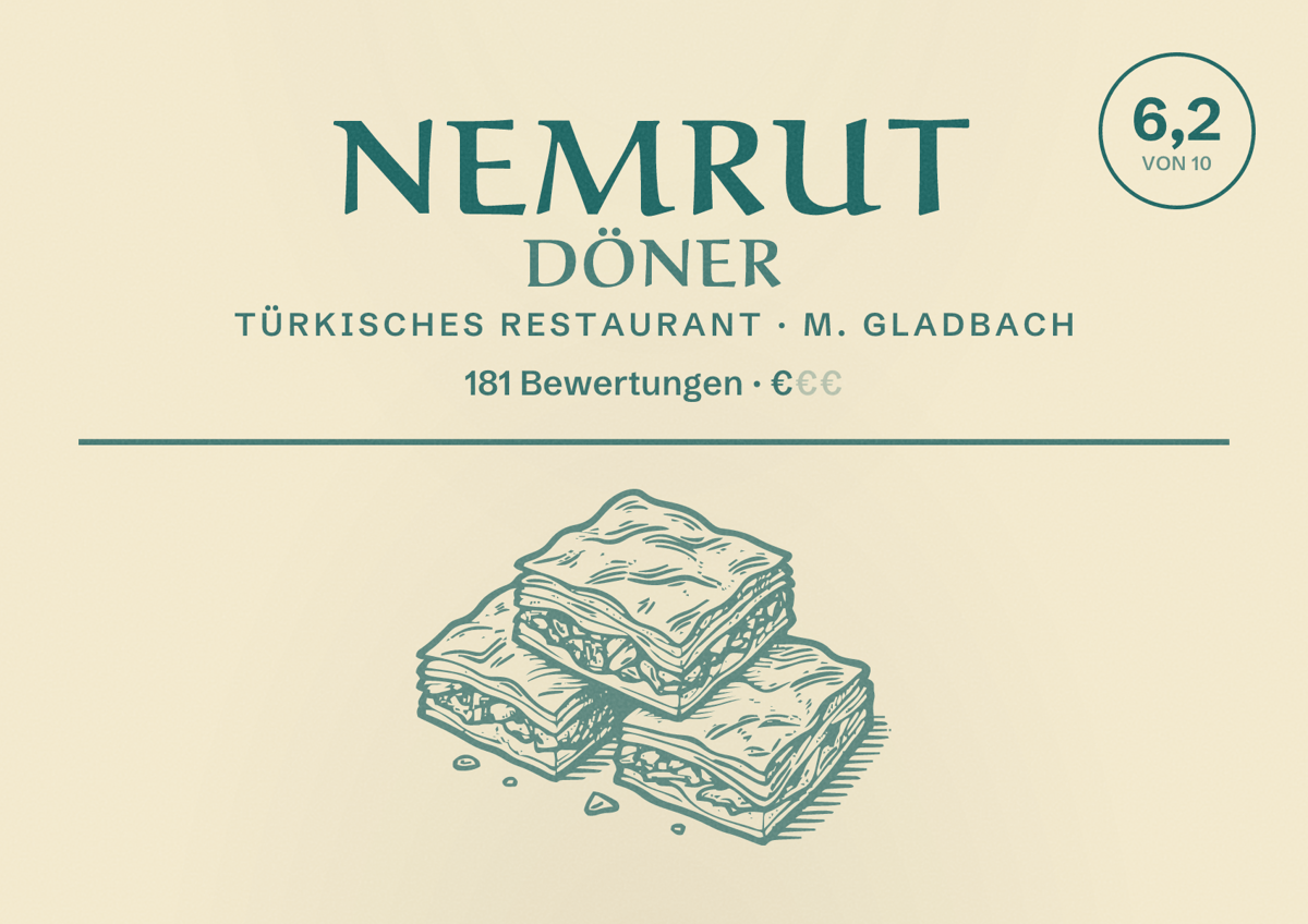 Illustriertes Poster von Nemrut Döner, Türkisches Restaurant in M. Gladbach: Bewertung 6,2 von 10 aus 181 Bewertungen, Preisniveau €