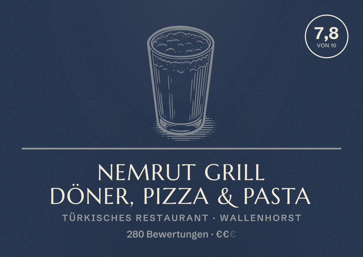 Illustriertes Poster von Nemrut Grill Döner, Pizza & Pasta, Türkisches Restaurant in Wallenhorst: Bewertung 7,8 von 10 aus 280 Bewertungen, Preisniveau €€