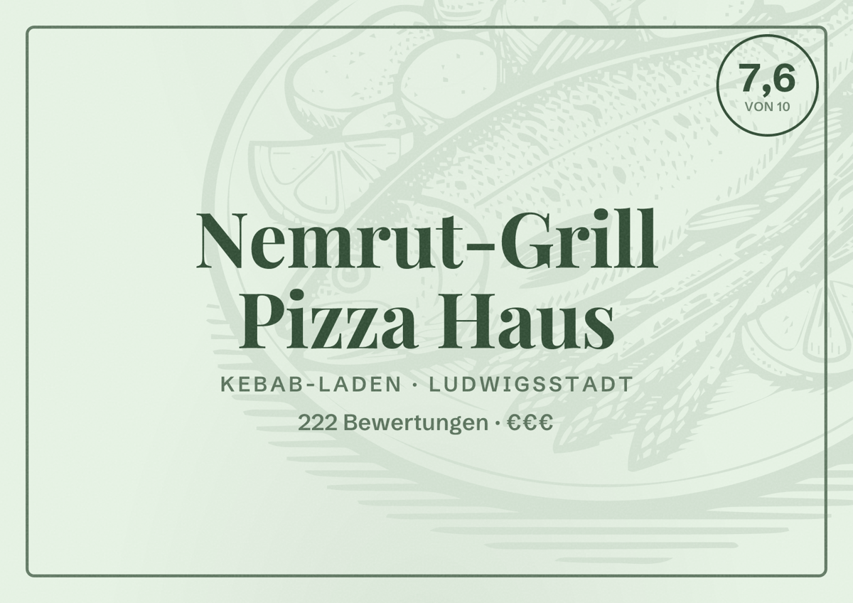 Illustriertes Poster von Nemrut-Grill Pizza Haus, Kebab-Laden in Ludwigsstadt: Bewertung 7,6 von 10 aus 222 Bewertungen, Preisniveau €€€