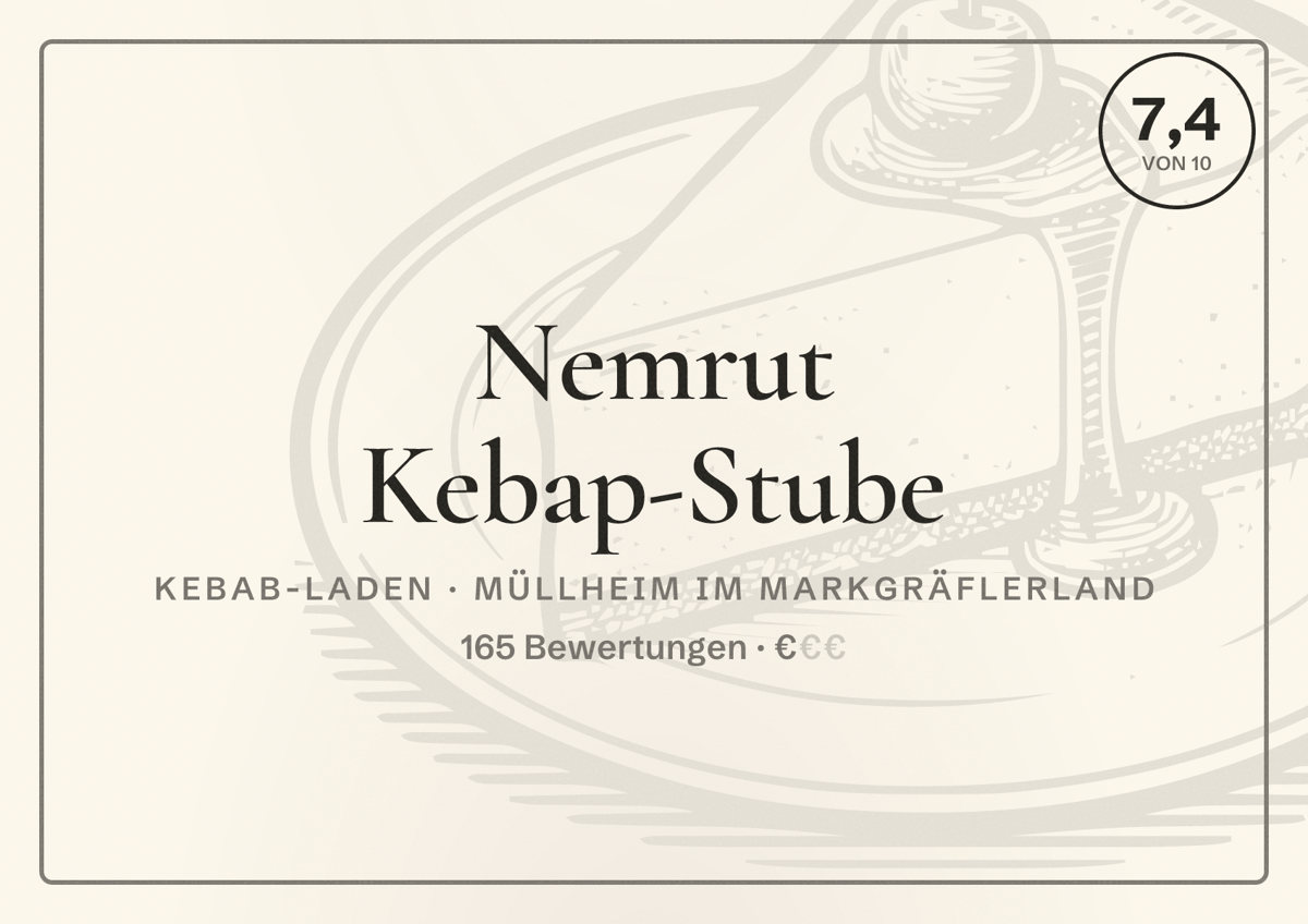Illustriertes Poster von Nemrut Kebap-Stube, Kebab-Laden in Müllheim im Markgräflerland: Bewertung 7,4 von 10 aus 165 Bewertungen, Preisniveau €