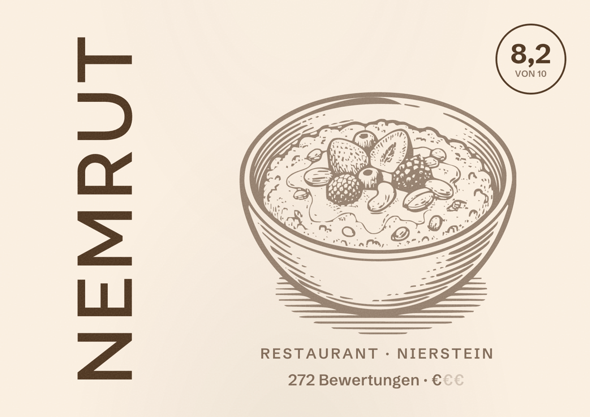 Illustriertes Poster von Nemrut, Restaurant in Nierstein: Bewertung 8,2 von 10 aus 272 Bewertungen, Preisniveau €