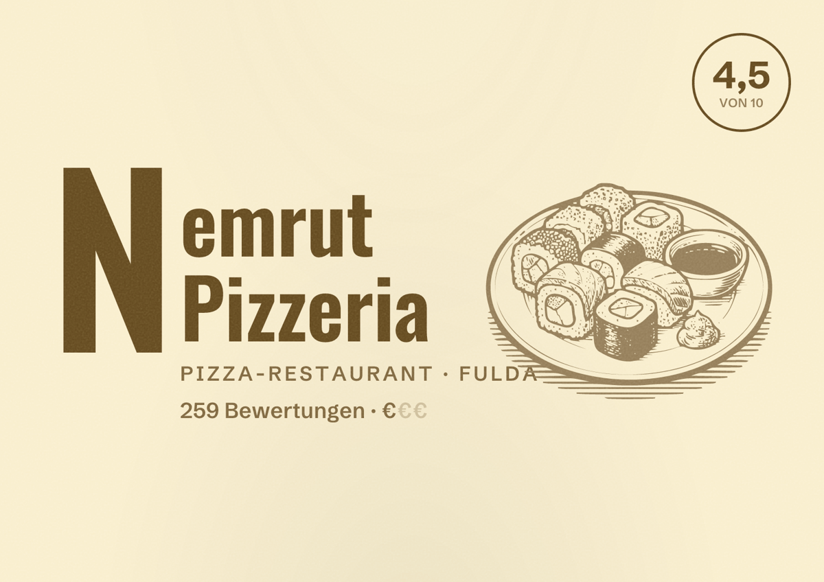 Illustriertes Poster von Nemrut Pizzeria, Pizza-Restaurant in Fulda: Bewertung 4,5 von 10 aus 259 Bewertungen, Preisniveau €