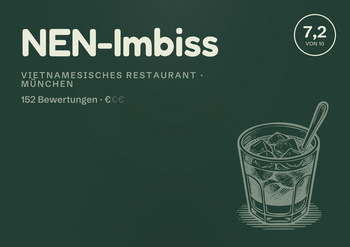 Illustriertes Poster von NEN-Imbiss, Vietnamesisches Restaurant in München: Bewertung 7,2 von 10 aus 152 Bewertungen, Preisniveau €