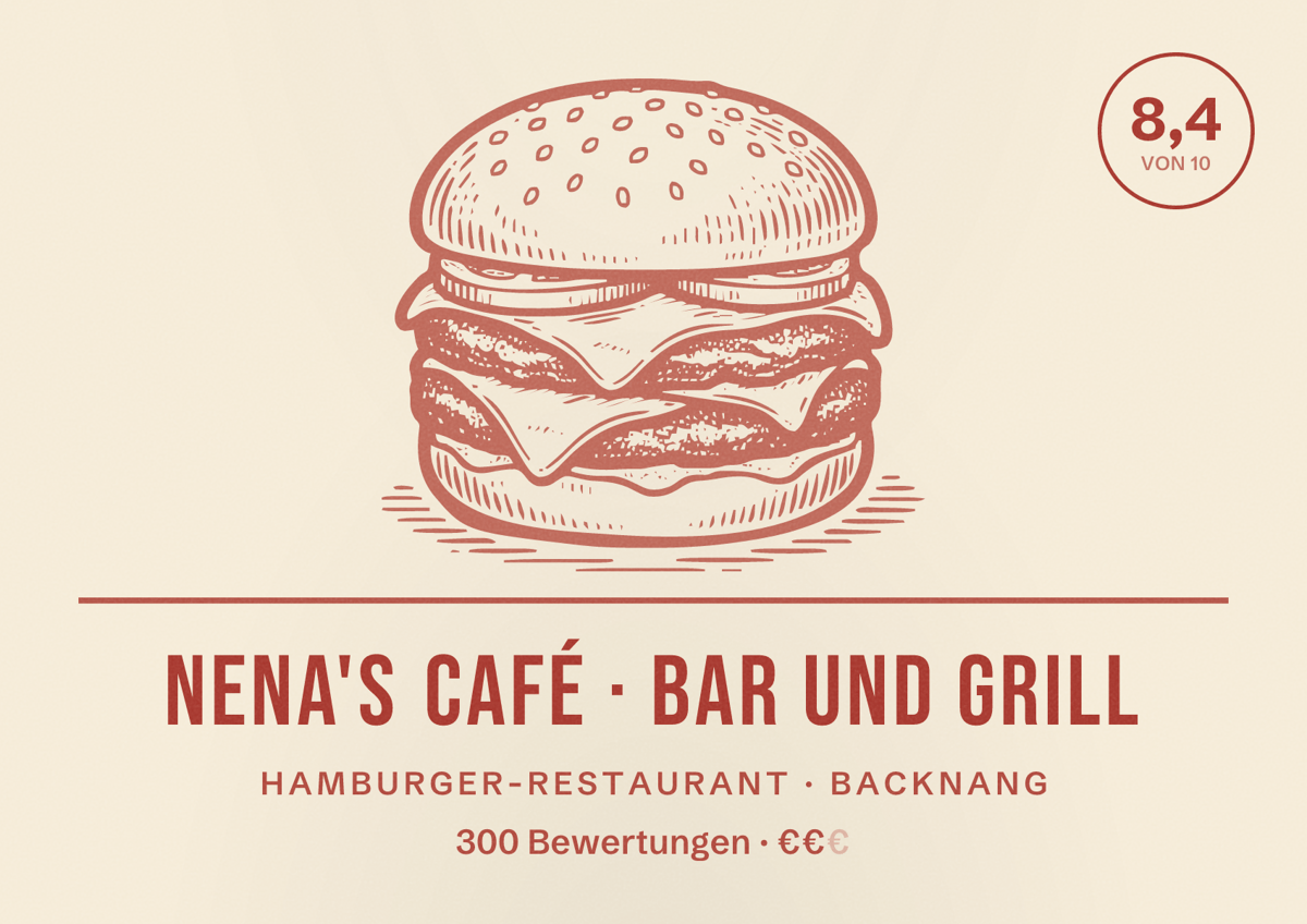 Illustriertes Poster von Nena's Café · Bar und Grill, Hamburger-Restaurant in Backnang: Bewertung 8,4 von 10 aus 300 Bewertungen, Preisniveau €€