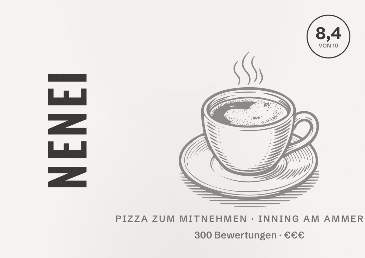 Illustriertes Poster von Nenei, Pizza zum Mitnehmen in Inning am Ammersee: Bewertung 8,4 von 10 aus 300 Bewertungen, Preisniveau €€€