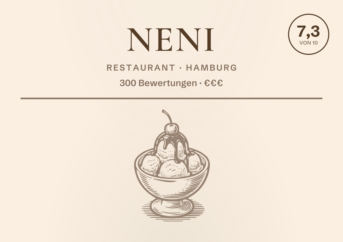 Illustriertes Poster von NENI, Restaurant in Hamburg: Bewertung 7,3 von 10 aus 300 Bewertungen, Preisniveau €€€