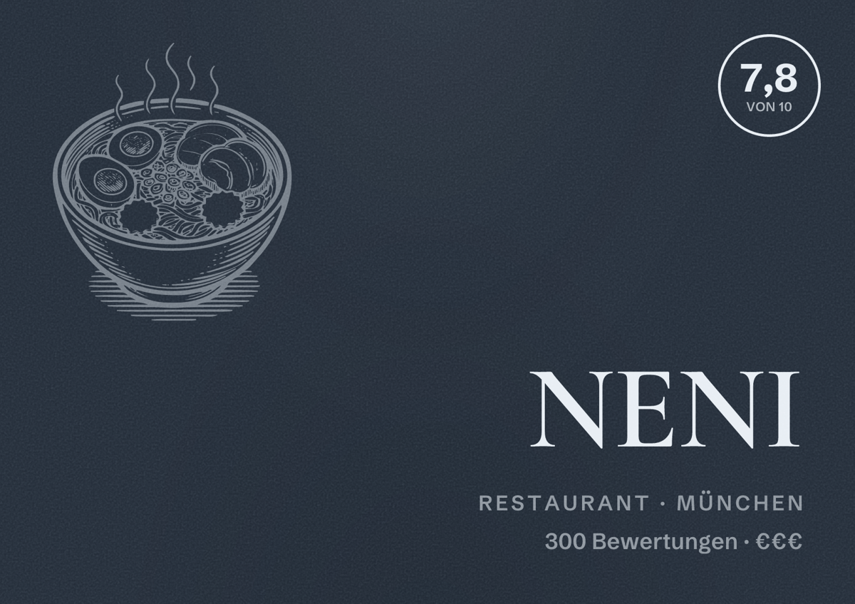 Illustriertes Poster von NENI, Restaurant in München: Bewertung 7,8 von 10 aus 300 Bewertungen, Preisniveau €€€