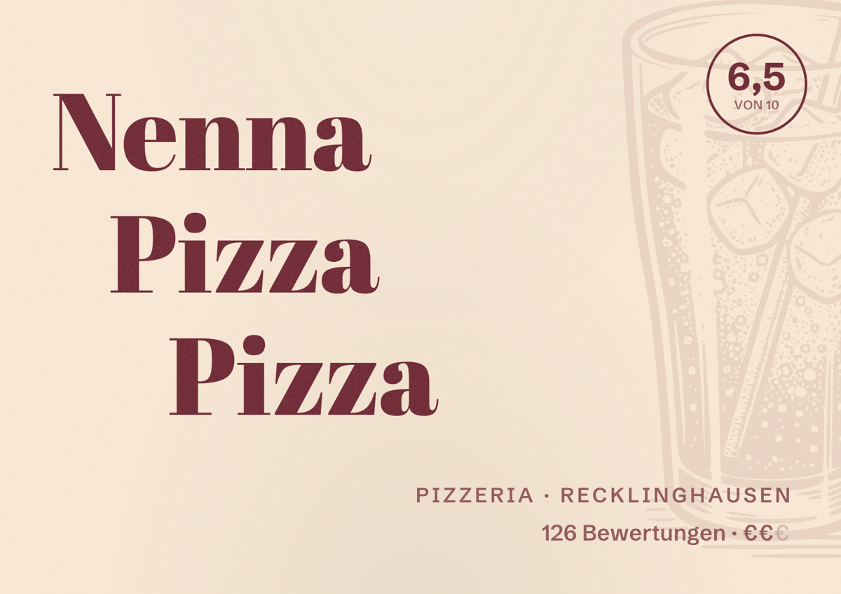 Illustriertes Poster von Nenna Pizza Pizza, Pizzeria in Recklinghausen: Bewertung 6,5 von 10 aus 126 Bewertungen, Preisniveau €€