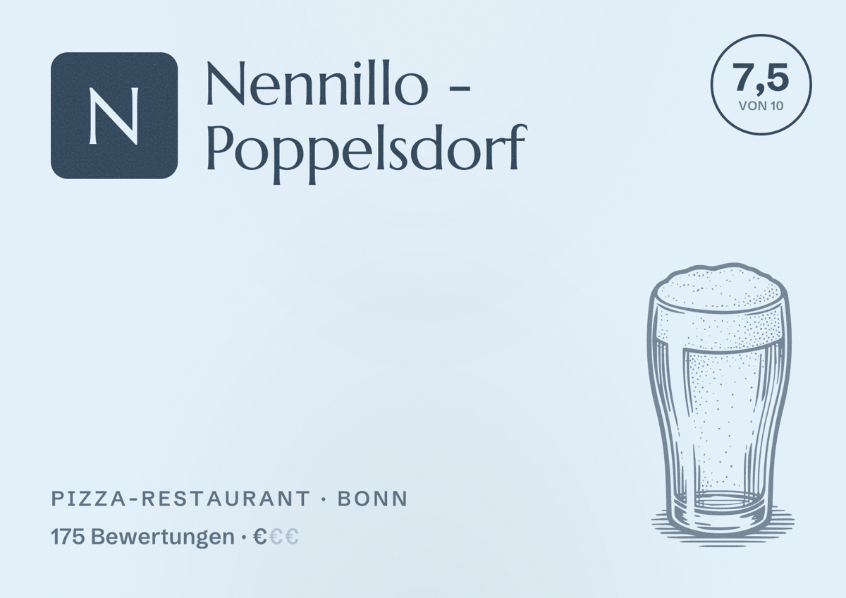 Illustriertes Poster von Nennillo - Poppelsdorf, Pizza-Restaurant in Bonn: Bewertung 7,5 von 10 aus 175 Bewertungen, Preisniveau €