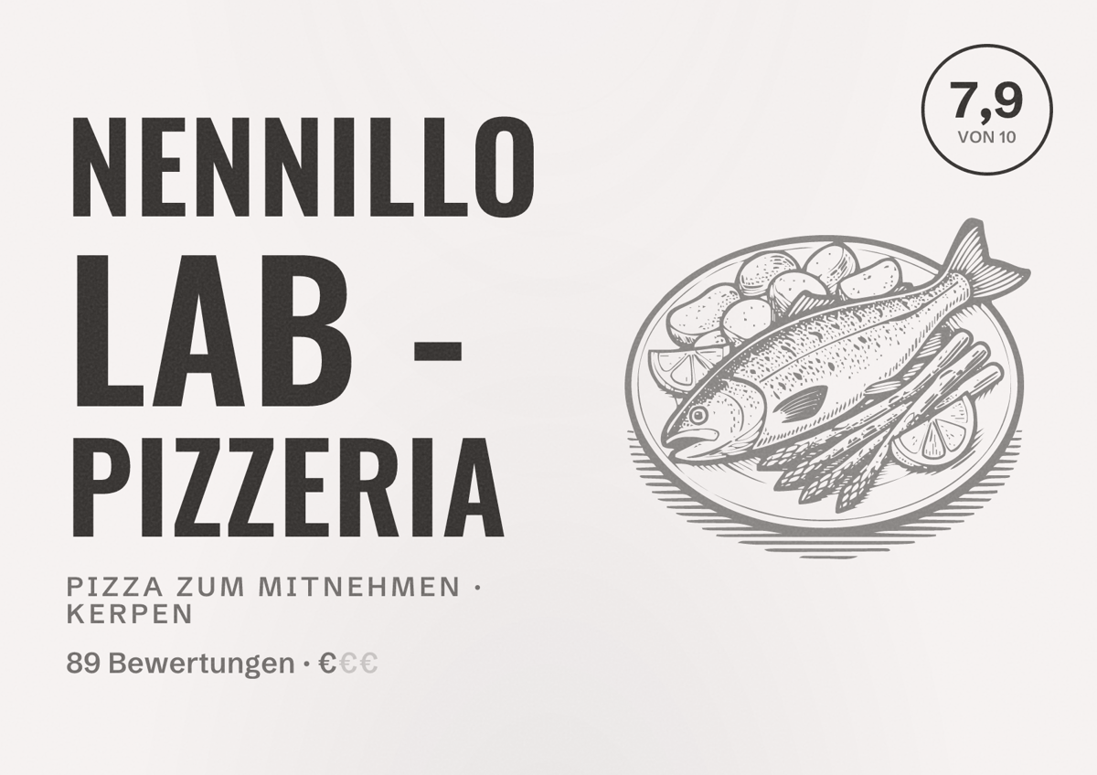 Illustriertes Poster von NENNILLO LAB - Pizzeria, Pizza zum Mitnehmen in Kerpen: Bewertung 7,9 von 10 aus 89 Bewertungen, Preisniveau €