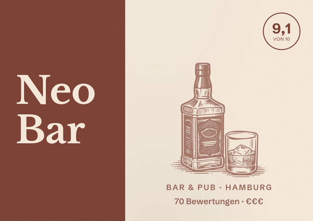Illustriertes Poster von Neo Bar, Bar & Pub in Hamburg: Bewertung 9,1 von 10 aus 70 Bewertungen, Preisniveau €€€