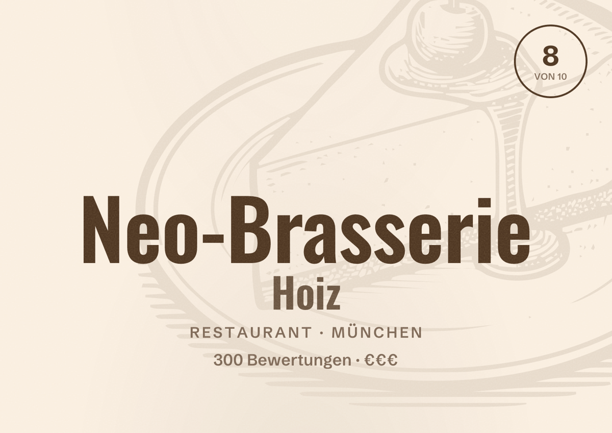 Illustriertes Poster von Neo-Brasserie Hoiz, Restaurant in München: Bewertung 8,0 von 10 aus 300 Bewertungen, Preisniveau €€€