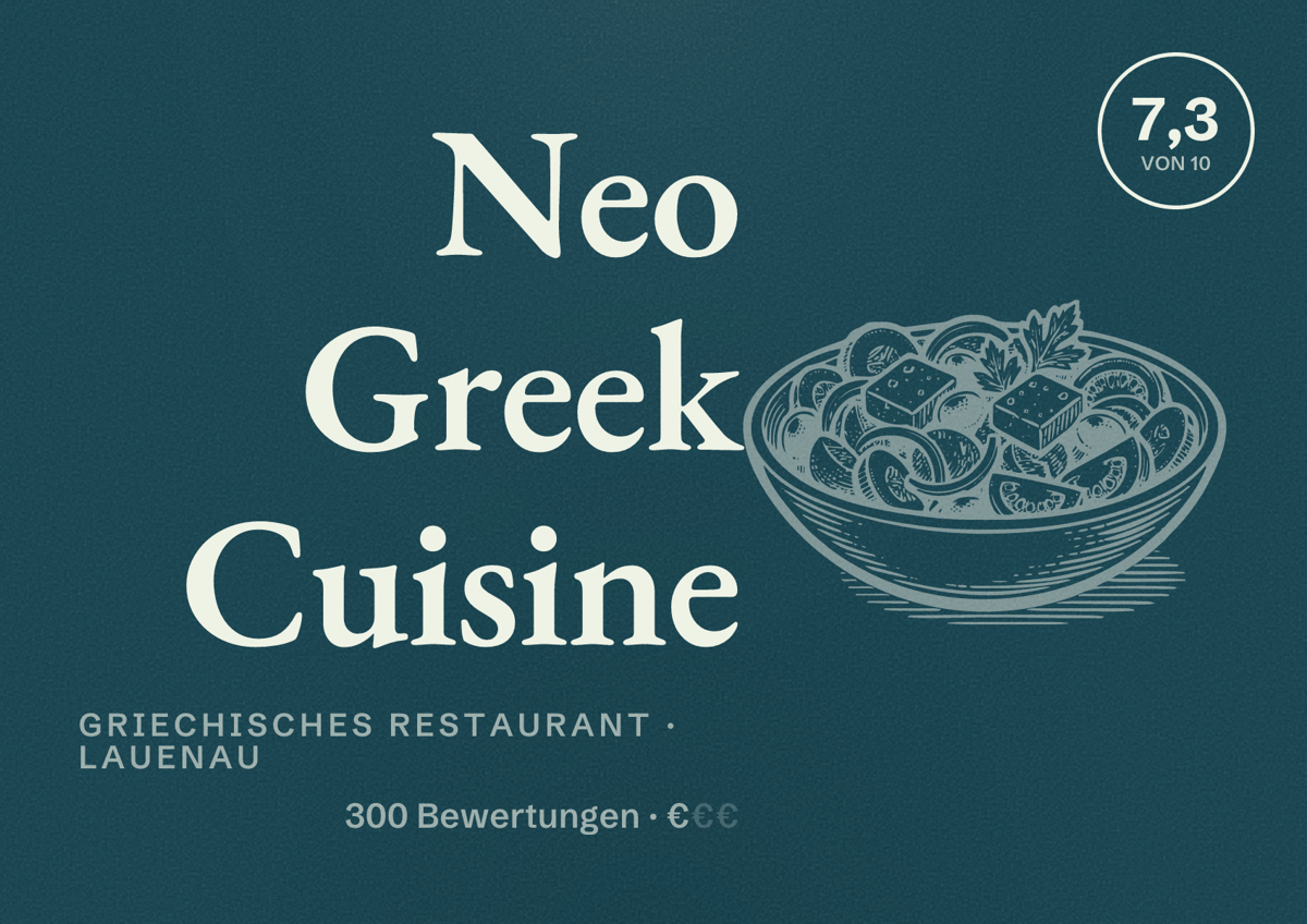 Illustriertes Poster von Neo Greek Cuisine, Griechisches Restaurant in Lauenau: Bewertung 7,3 von 10 aus 300 Bewertungen, Preisniveau €