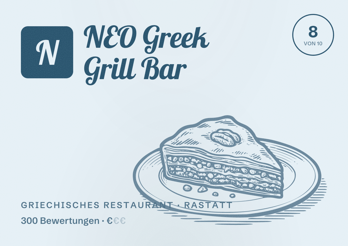 Illustriertes Poster von NEO Greek Grill Bar, Griechisches Restaurant in Rastatt: Bewertung 8 von 10 aus 300 Bewertungen, Preisniveau €
