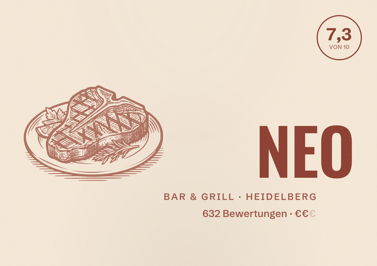 Illustriertes Poster von NEO, Bar & Grill in Heidelberg: Bewertung 7,3 von 10 aus 632 Bewertungen, Preisniveau €€