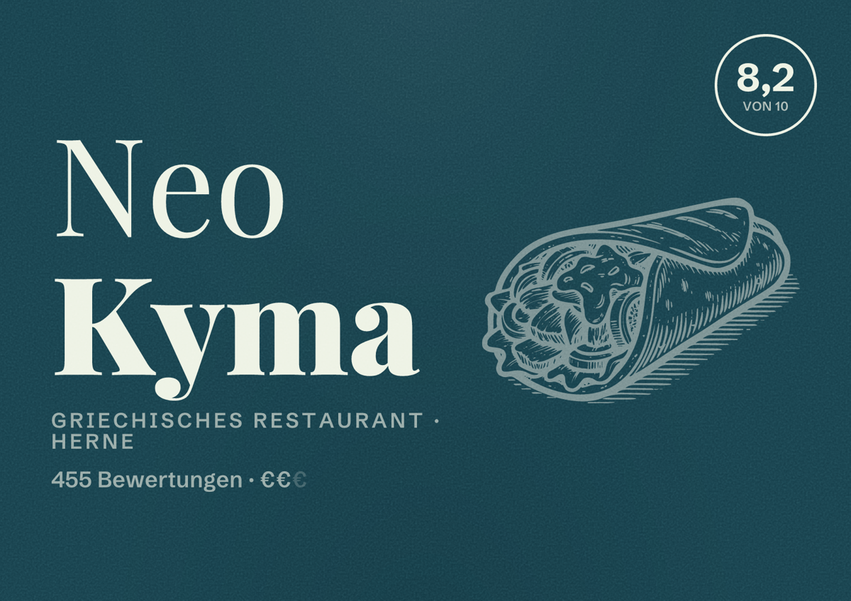 Illustriertes Poster von Neo Kyma, Griechisches Restaurant in Herne: Bewertung 8,2 von 10 aus 455 Bewertungen, Preisniveau €€