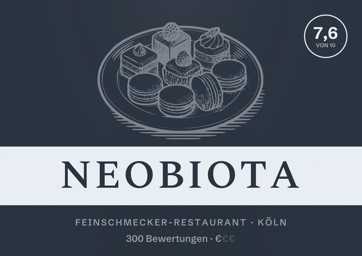 Illustriertes Poster von NEOBIOTA, Feinschmecker-Restaurant in Köln: Bewertung 7,6 von 10 aus 300 Bewertungen, Preisniveau €