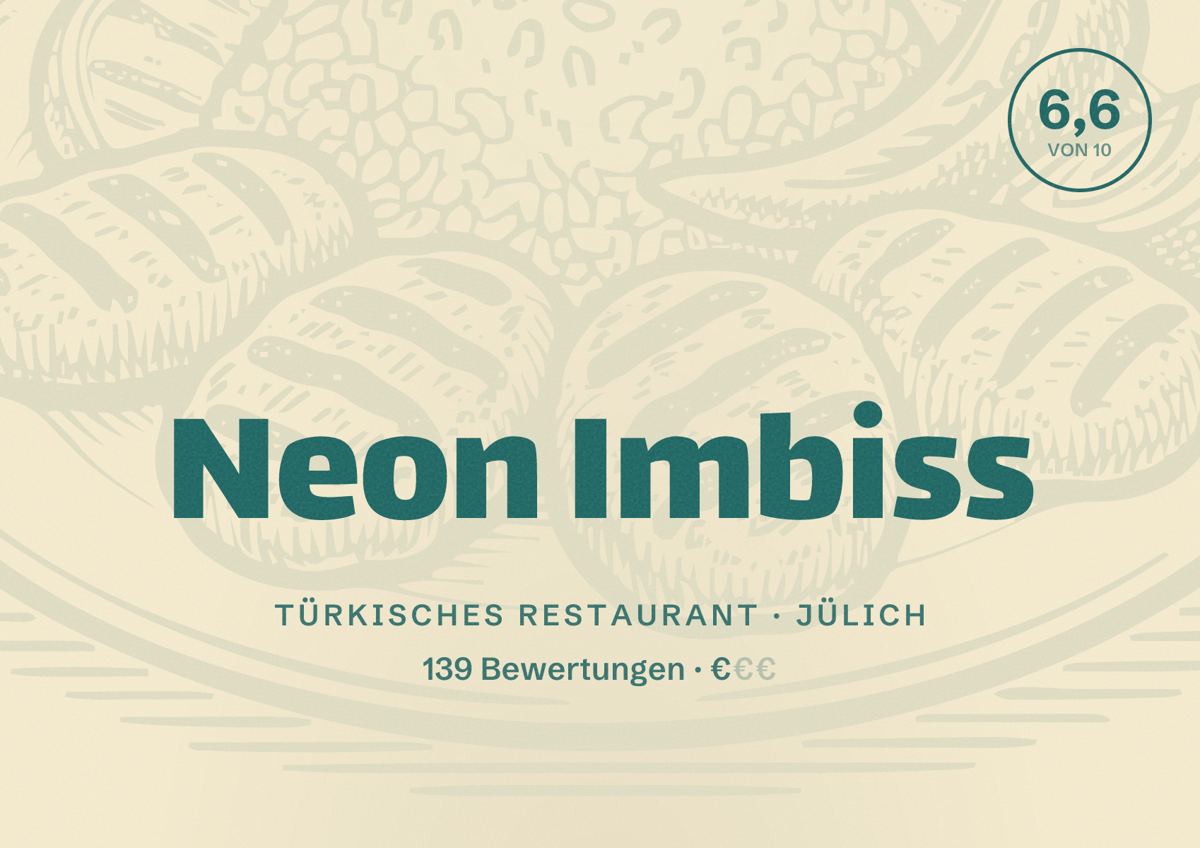 Illustriertes Poster von Neon Imbiss, Türkisches Restaurant in Jülich: Bewertung 6,6 von 10 aus 139 Bewertungen, Preisniveau €