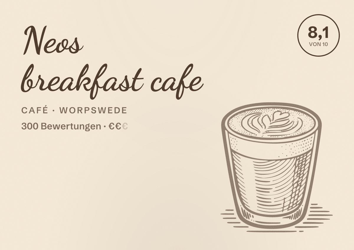 Illustriertes Poster von Neos breakfast cafe, Café in Worpswede: Bewertung 8,1 von 10 aus 300 Bewertungen, Preisniveau €€