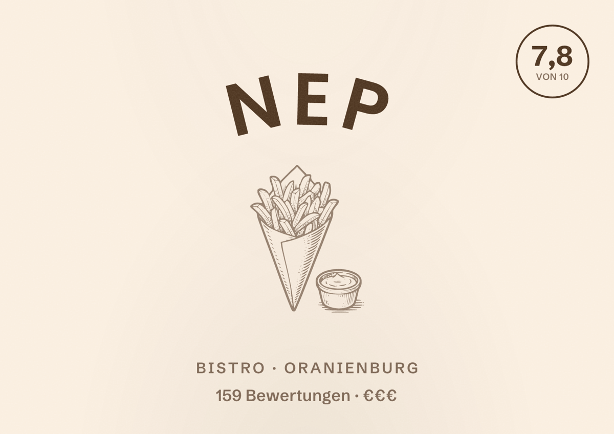 Illustriertes Poster von Nep, Bistro in Oranienburg: Bewertung 7,8 von 10 aus 159 Bewertungen, Preisniveau €€€