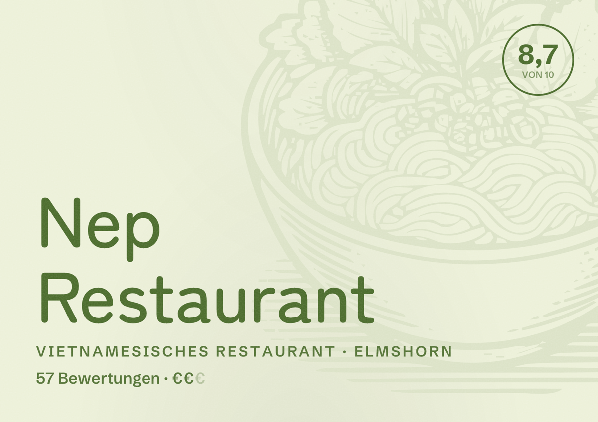 Illustriertes Poster von Nep Restaurant, Vietnamesisches Restaurant in Elmshorn: Bewertung 8,7 von 10 aus 57 Bewertungen, Preisniveau €€