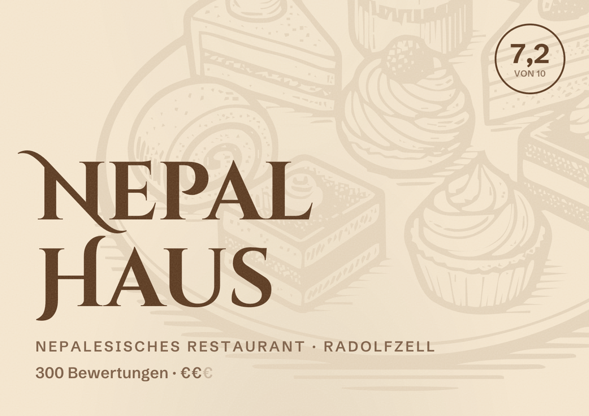 Illustriertes Poster von Nepal Haus, Nepalesisches Restaurant in Radolfzell: Bewertung 7,2 von 10 aus 300 Bewertungen, Preisniveau €€