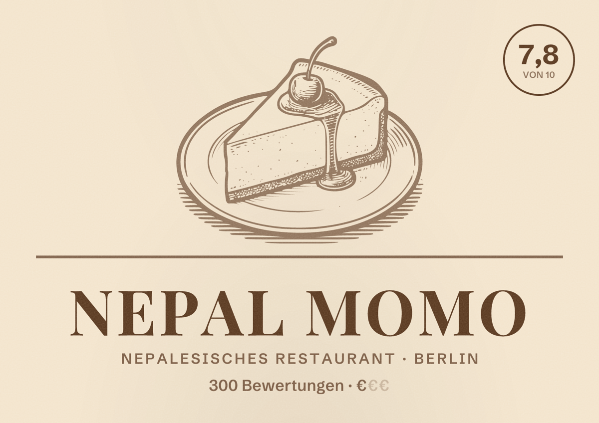 Illustriertes Poster von Nepal Momo, Nepalesisches Restaurant in Berlin: Bewertung 7,8 von 10 aus 300 Bewertungen, Preisniveau €